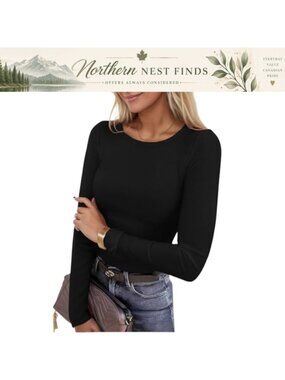 Womens Long Sleeve Ribbed Knit Crewneck Slim Fitted T-Shirt Top